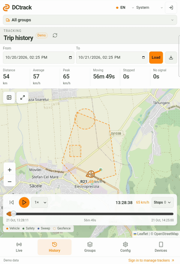 Looping DCtrack demo recording showing a vehicle’s journey replay, route progress and recorded speed