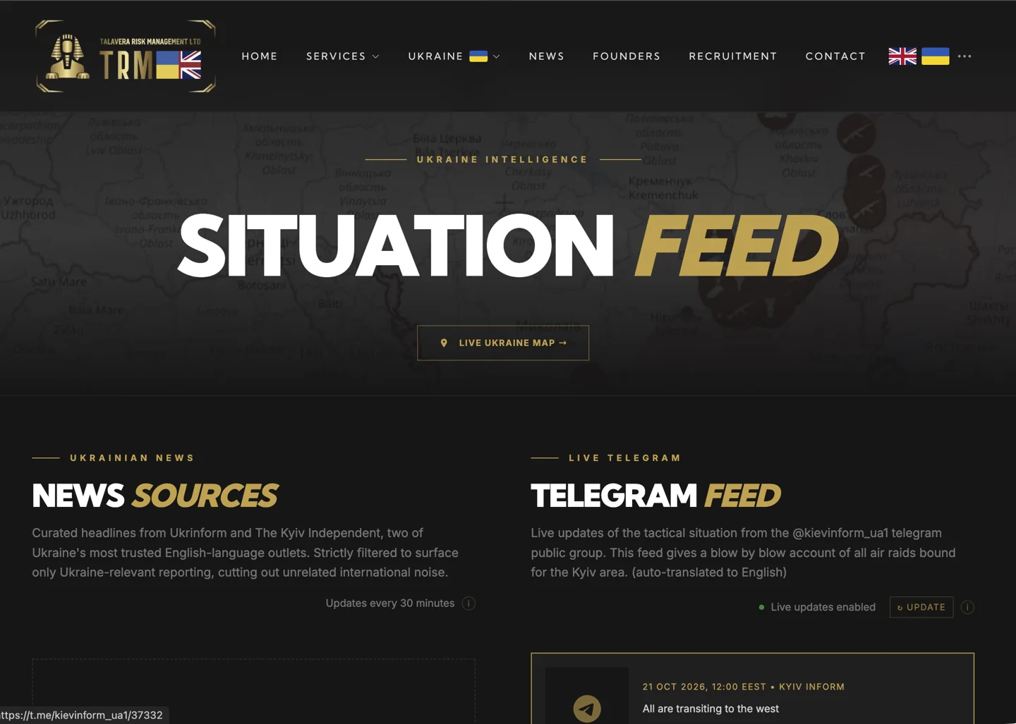 The TRM website’s situation page with its live Telegram feed